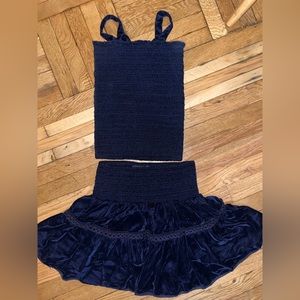 Navy velvet set, ruffle mini skirt and spaghetti strap top, XS